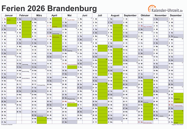 Ferienkalender 2026 für Brandenburg - A4 quer-einseitig