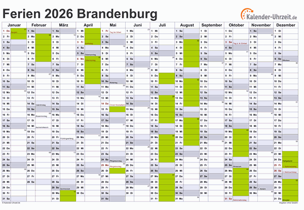 Ferien 2026 Brandenburg im Kalender - A4 quer-einseitig Ferienkalender 2026 für Brandenburg - A4 quer-einseitig