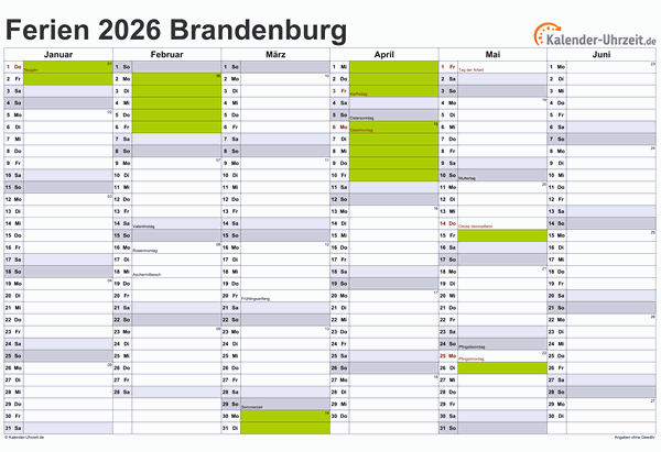 Ferienkalender 2026 für Brandenburg - A4 quer-zweiseitig