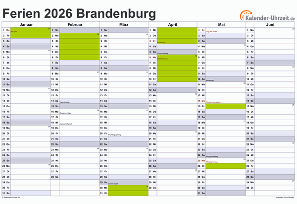 Ferien 2026 Brandenburg im Kalender - A4 quer-zweiseitig Ferienkalender 2026 für Brandenburg - A4 quer-zweiseitig