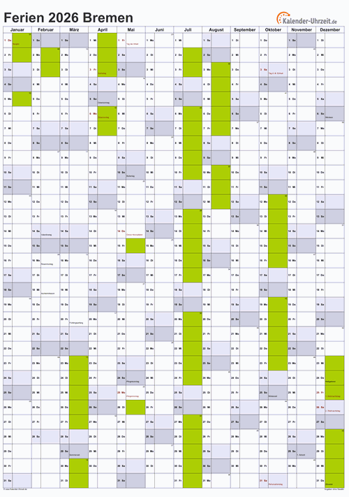 Ferien 2026 Bremen im Kalender - A4 hoch-einseitig Ferienkalender 2026 für Bremen - A4 hoch-einseitig