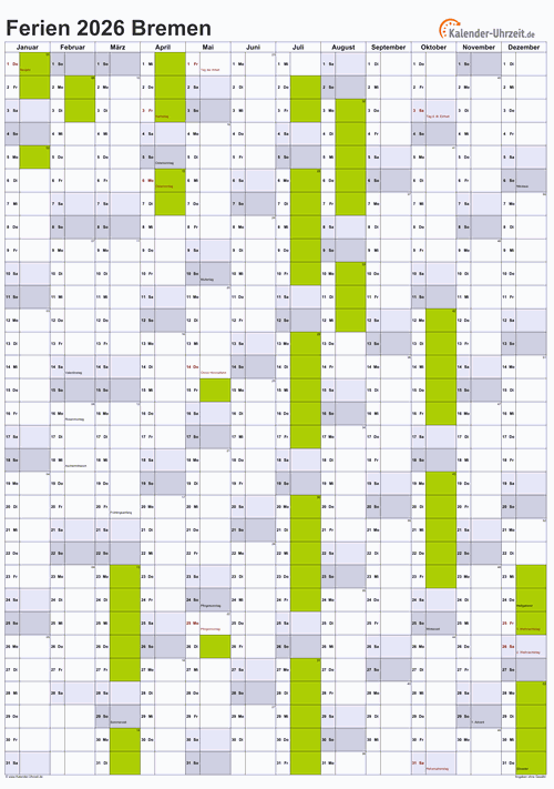 Ferienkalender 2026 für Bremen - A4 hoch-einseitig