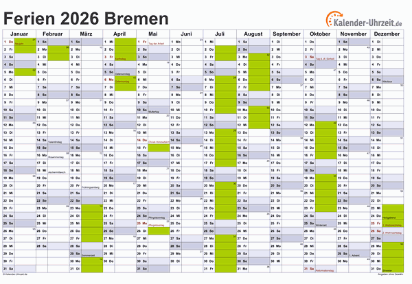 Ferien 2026 Bremen im Kalender - A4 quer-einseitig Ferienkalender 2026 für Bremen - A4 quer-einseitig