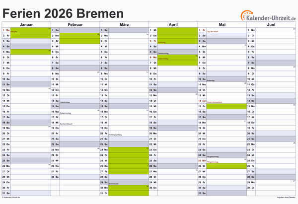 Ferien 2026 Bremen im Kalender - A4 quer-zweiseitig Ferienkalender 2026 für Bremen - A4 quer-zweiseitig