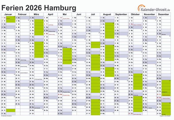 Ferien 2026 Hamburg im Kalender - A4 quer-einseitig Ferienkalender 2026 für Hamburg - A4 quer-einseitig
