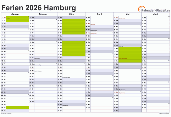 Ferien 2026 Hamburg im Kalender - A4 quer-zweiseitig Ferienkalender 2026 für Hamburg - A4 quer-zweiseitig