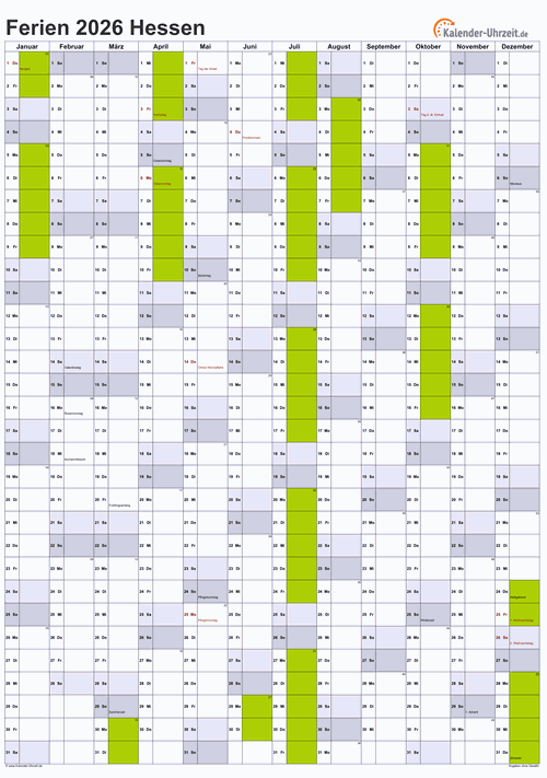 Ferienkalender 2026 für Hessen - A4 hoch-einseitig