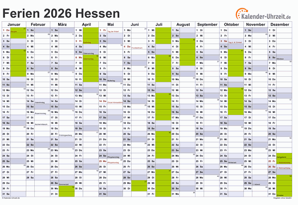 Ferienkalender 2026 für Hessen - A4 quer-einseitig