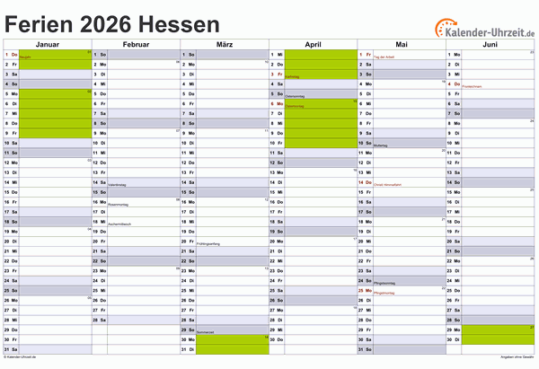 Ferienkalender 2026 für Hessen - A4 quer-zweiseitig