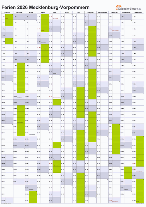 Ferienkalender 2026 für Meck.-Pomm. - A4 hoch-einseitig