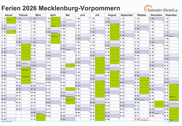 Ferienkalender 2026 für Meck.-Pomm. - A4 quer-einseitig