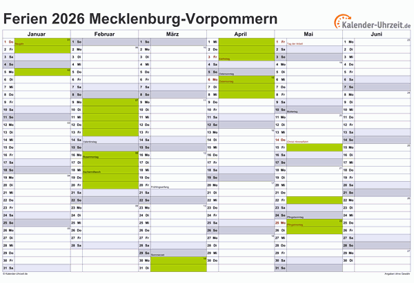 Ferienkalender 2026 für Meck.-Pomm. - A4 quer-zweiseitig