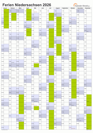 Ferienkalender 2026 für Niedersachsen - A4 hoch-einseitig