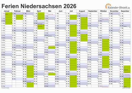 Ferienkalender 2026 für Niedersachsen - A4 quer-einseitig