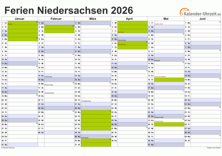 Ferienkalender 2026 für Niedersachsen - A4 quer-zweiseitig