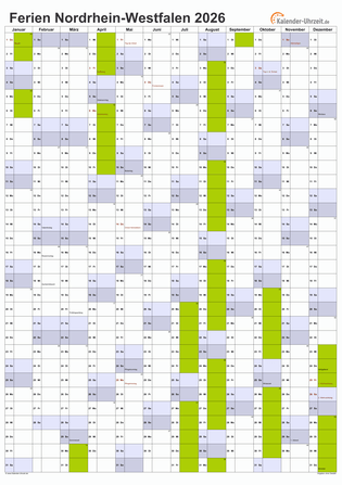 Ferienkalender 2026 für Nordrhein-Westfalen - A4 hoch-einseitig