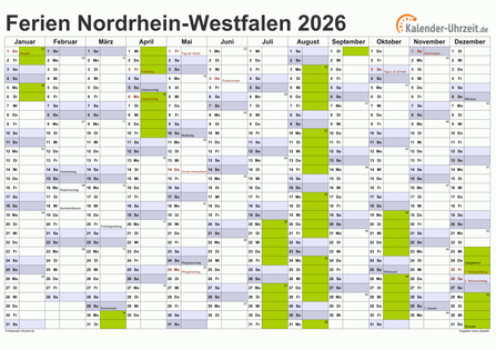 Ferienkalender 2026 für Nordrhein-Westfalen - A4 quer-einseitig
