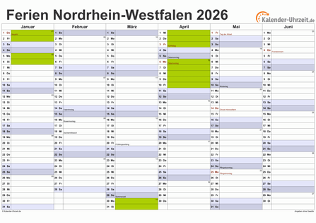 Ferienkalender 2026 für Nordrhein-Westfalen - A4 quer-zweiseitig