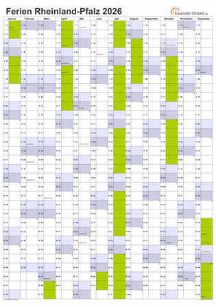 Ferienkalender 2026 für Rheinland-Pfalz - A4 hoch-einseitig