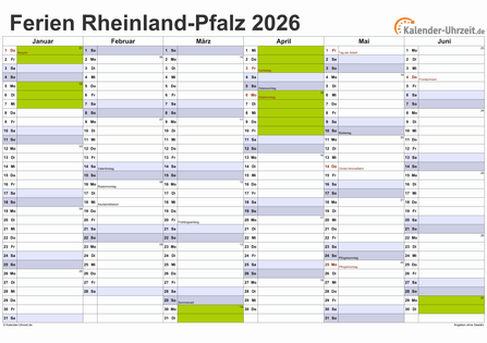 Ferienkalender 2026 für Rheinland-Pfalz - A4 quer-zweiseitig