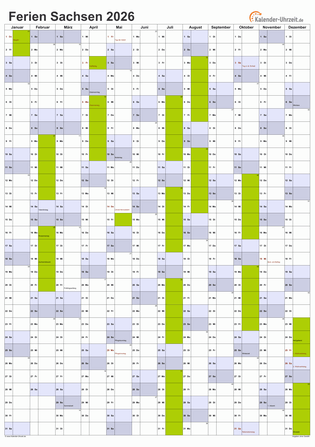 Ferienkalender 2026 für Sachsen - A4 hoch-einseitig