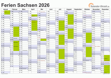 Ferienkalender 2026 für Sachsen - A4 quer-einseitig