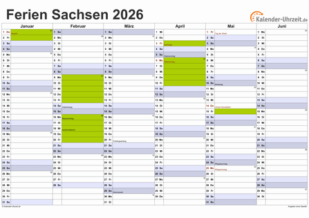 Ferienkalender 2026 für Sachsen - A4 quer-zweiseitig
