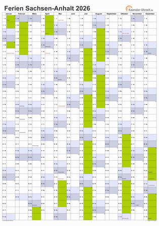 Ferienkalender 2026 für Sachsen-Anhalt - A4 hoch-einseitig