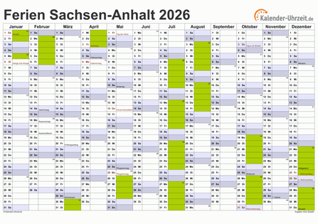 Ferienkalender 2026 für Sachsen-Anhalt - A4 quer-einseitig