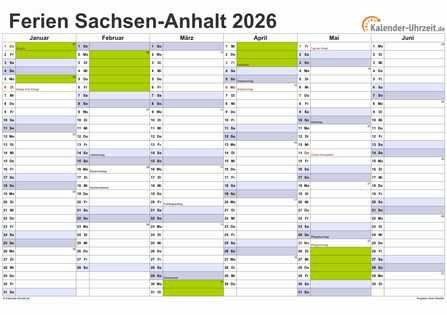 Ferienkalender 2026 für Sachsen-Anhalt - A4 quer-zweiseitig