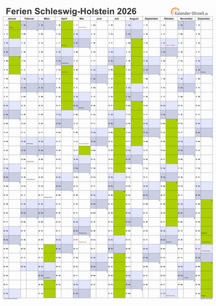 Ferienkalender 2026 für Schleswig-Holstein - A4 hoch-einseitig