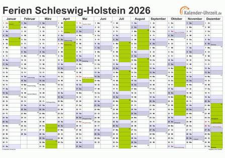 Ferien 2026 Schleswig-Holstein im Kalender - A4 quer-einseitig Ferienkalender 2026 für Schleswig-Holstein - A4 quer-einseitig