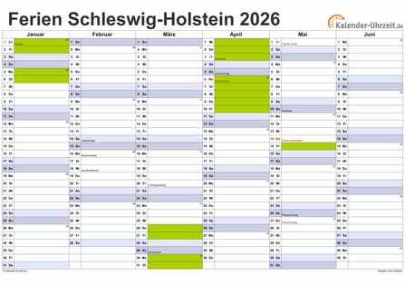 Ferienkalender 2026 für Schleswig-Holstein - A4 quer-zweiseitig