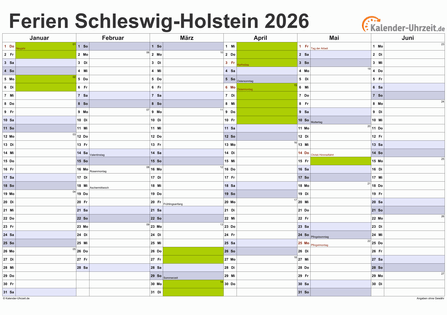 Ferien 2026 Schleswig-Holstein im Kalender - A4 quer-zweiseitig Ferienkalender 2026 für Schleswig-Holstein - A4 quer-zweiseitig