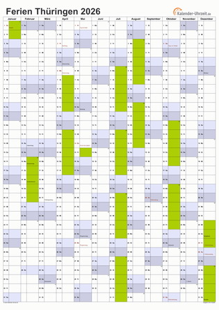 Ferienkalender 2026 für Thüringen - A4 hoch-einseitig