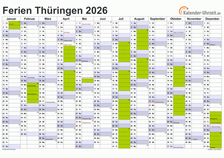 Ferienkalender 2026 für Thüringen - A4 quer-einseitig