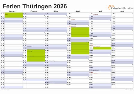 Ferienkalender 2026 für Thüringen - A4 quer-zweiseitig
