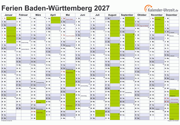 Ferienkalender 2027 für Baden-Württemberg - A4 quer-einseitig