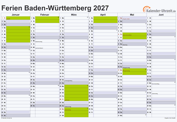 Ferienkalender 2027 für Baden-Württemberg - A4 quer-zweiseitig