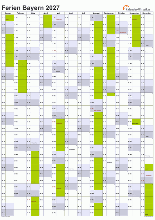 Ferien 2027 Bayern im Kalender - A4 hoch-einseitig Ferienkalender 2027 für Bayern - A4 hoch-einseitig