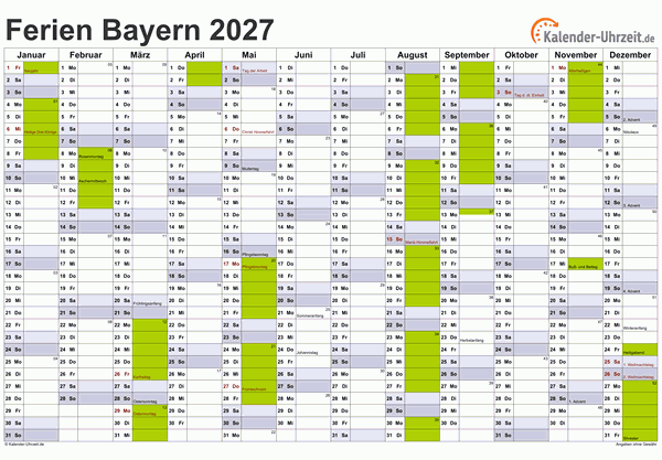 Ferien 2027 Bayern im Kalender - A4 quer-einseitig Ferienkalender 2027 für Bayern - A4 quer-einseitig