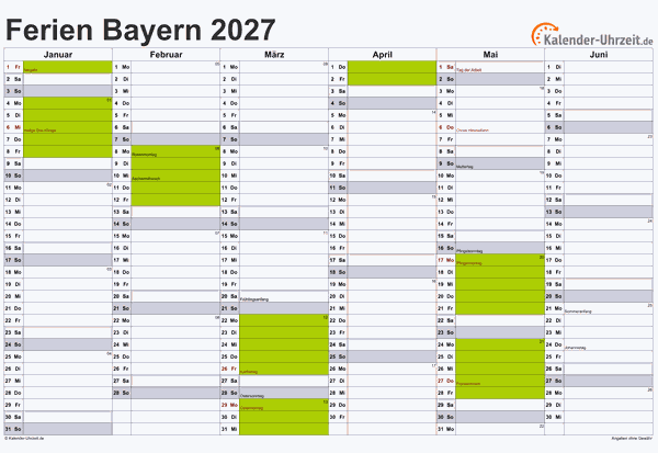 Ferien 2027 Bayern im Kalender - A4 quer-zweiseitig Ferienkalender 2027 für Bayern - A4 quer-zweiseitig