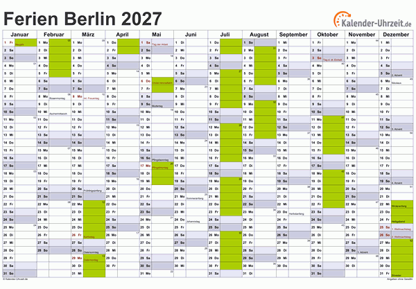 Ferienkalender 2027 für Berlin - A4 quer-einseitig