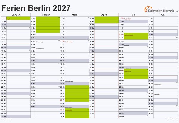 Ferienkalender 2027 für Berlin - A4 quer-zweiseitig