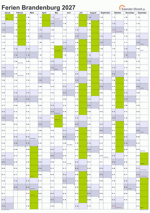 Ferien 2027 Brandenburg im Kalender - A4 hoch-einseitig Ferienkalender 2027 für Brandenburg - A4 hoch-einseitig