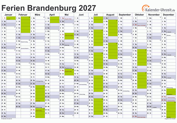 Ferien 2027 Brandenburg im Kalender - A4 quer-einseitig Ferienkalender 2027 für Brandenburg - A4 quer-einseitig