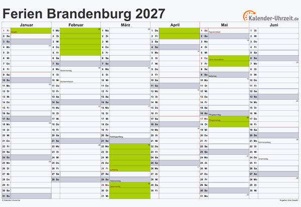 Ferien 2027 Brandenburg im Kalender - A4 quer-zweiseitig Ferienkalender 2027 für Brandenburg - A4 quer-zweiseitig