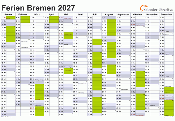 Ferienkalender 2027 für Bremen - A4 quer-einseitig