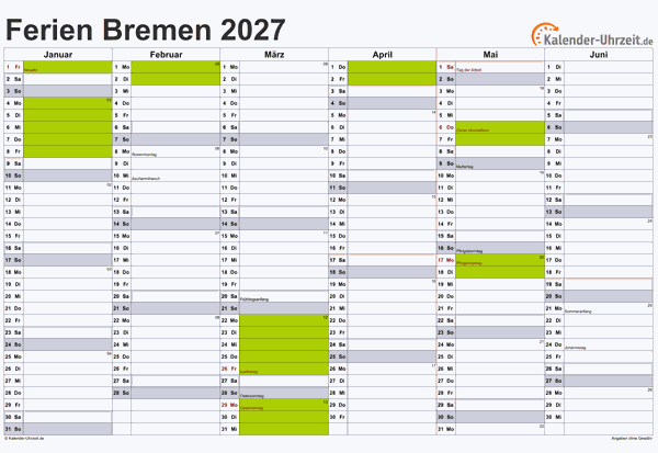 Ferienkalender 2027 für Bremen - A4 quer-zweiseitig