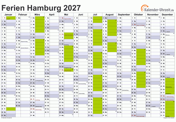 Ferien 2027 Hamburg im Kalender - A4 quer-einseitig Ferienkalender 2027 für Hamburg - A4 quer-einseitig